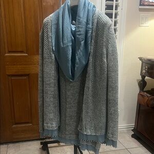 Escada Gray and Blue Knit Cardigan with built in Scarf and long sleeve sweater38